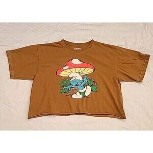 Smurfs Graphic Tee Mens Lrg Cropped Mushroom Vintage Cartoons 80's